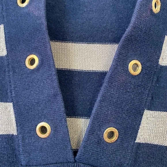 Michael Michael Kors Navy & Gold Striped Knit Top (S) | Grommet V-Neck Detail | - Picture 6 of 7